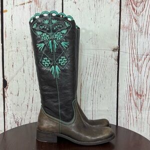 BCBG MAX AZRIA distressed Black leather blue raffia embroidery tall Boots 7 GUC
